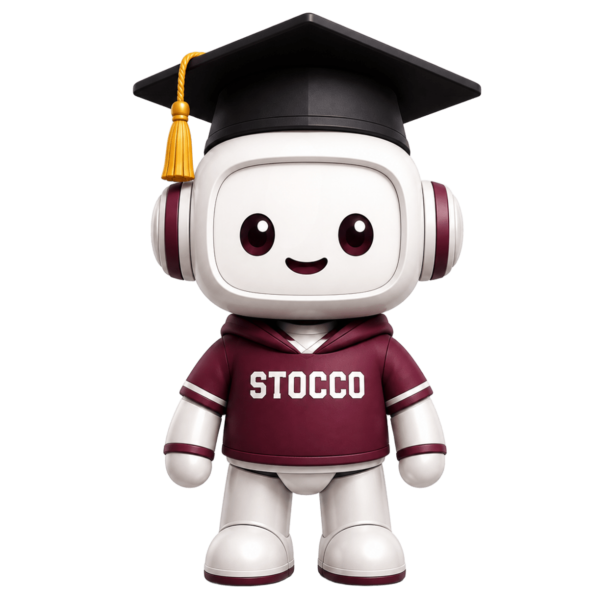 Mascote ProfeBOT com uniforme do Stocco e capelo de formatura